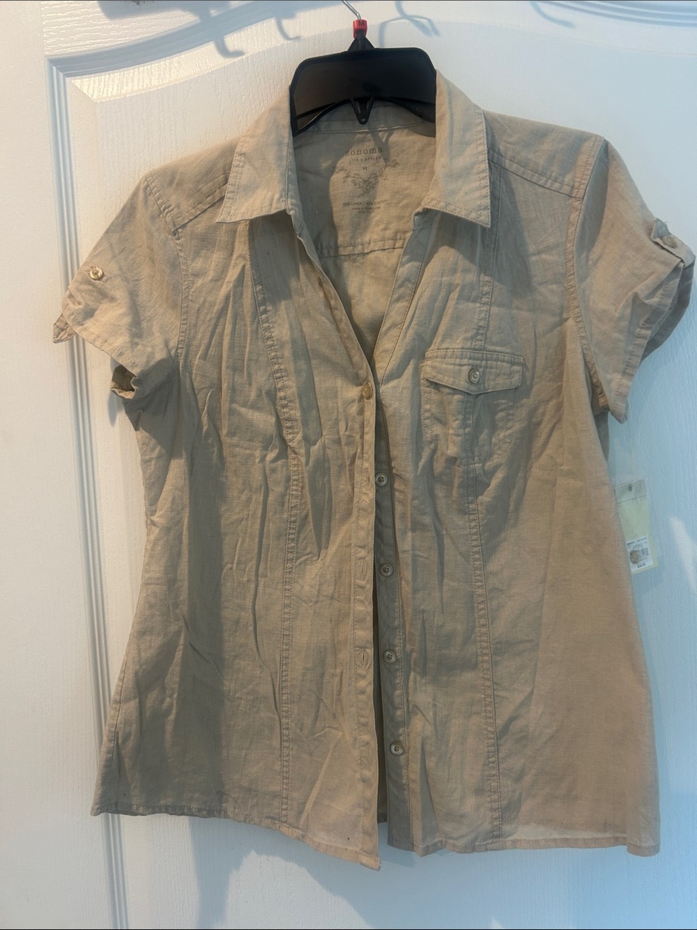 New Sonoma Tan Short Sleeve linen cotton Button-Up Shirt medium